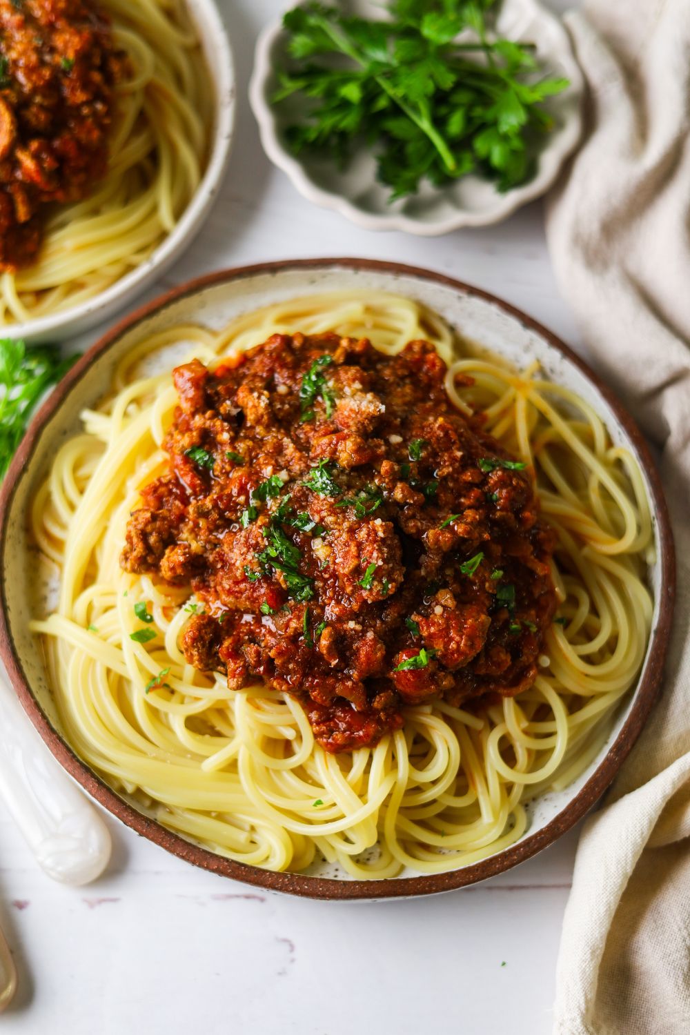 Spaghetti Bolognese in a white plate