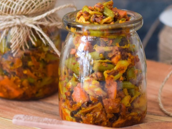 indian mixed vegetable pickle in glass bottles