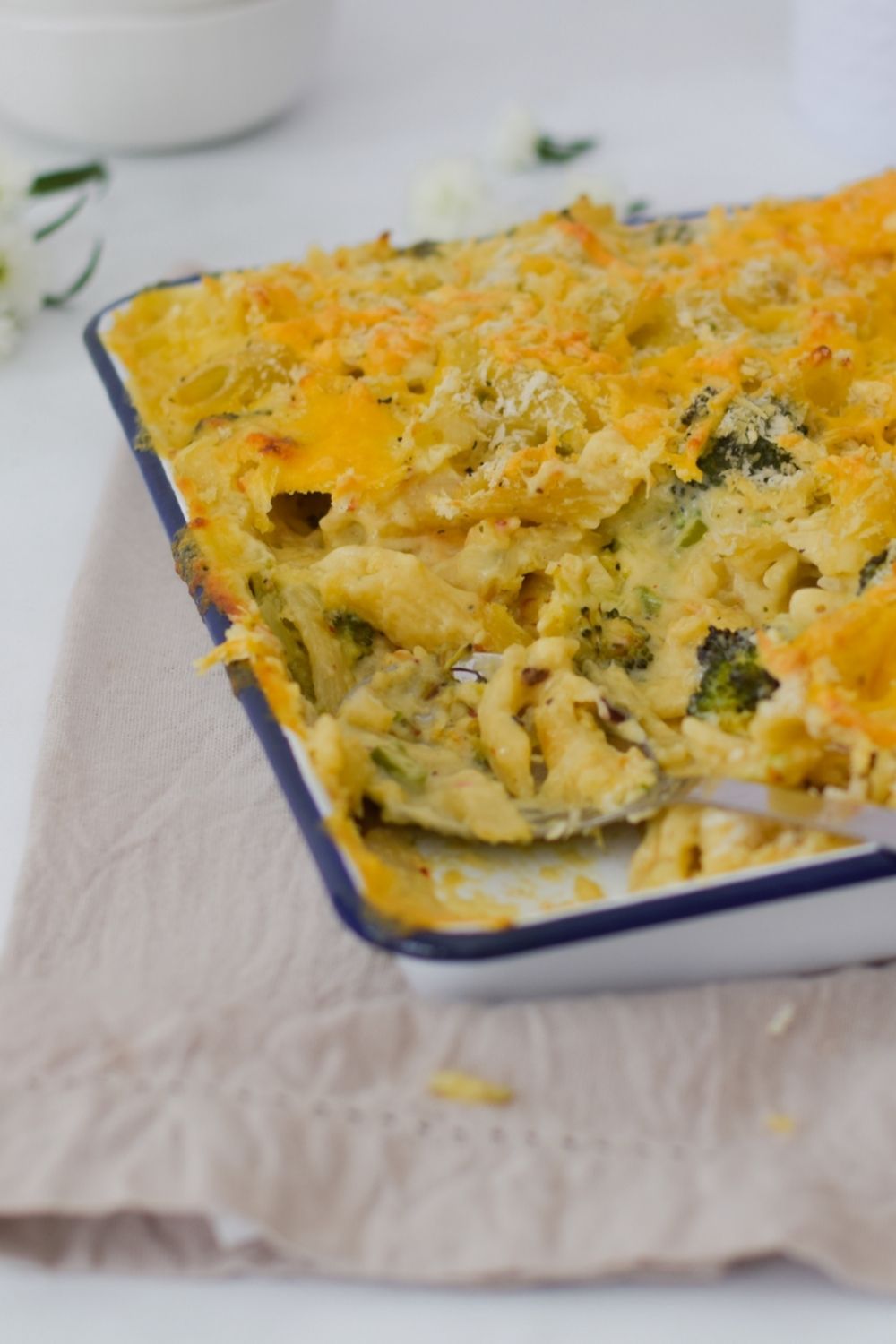 Roasted Brocolli Pasta Bake in a white oven dish 