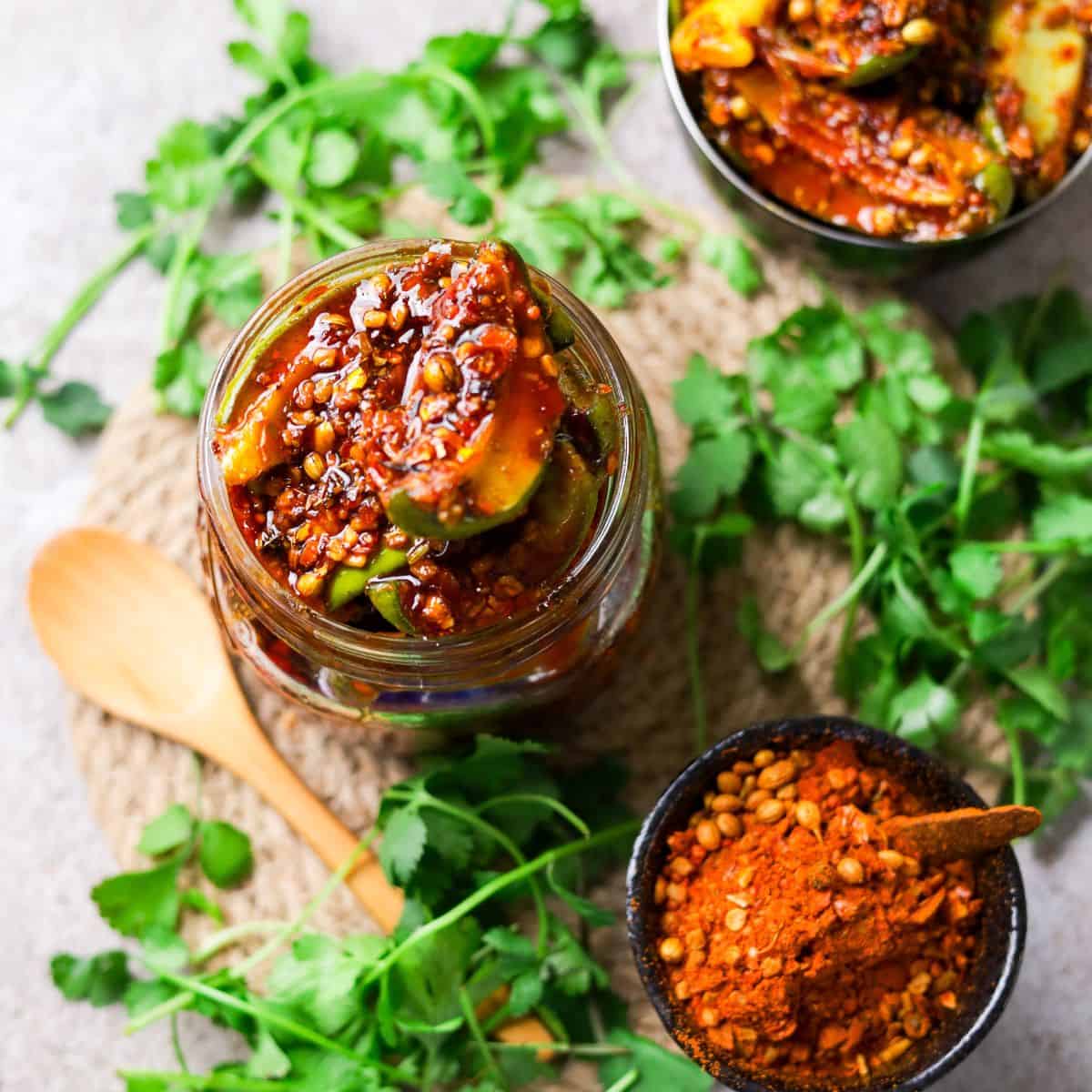 Sweet and Sour Mango Pickle in a bottle