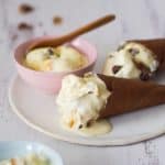No churn caramel ice-cream in 2 chocolate cones and in two bowls
