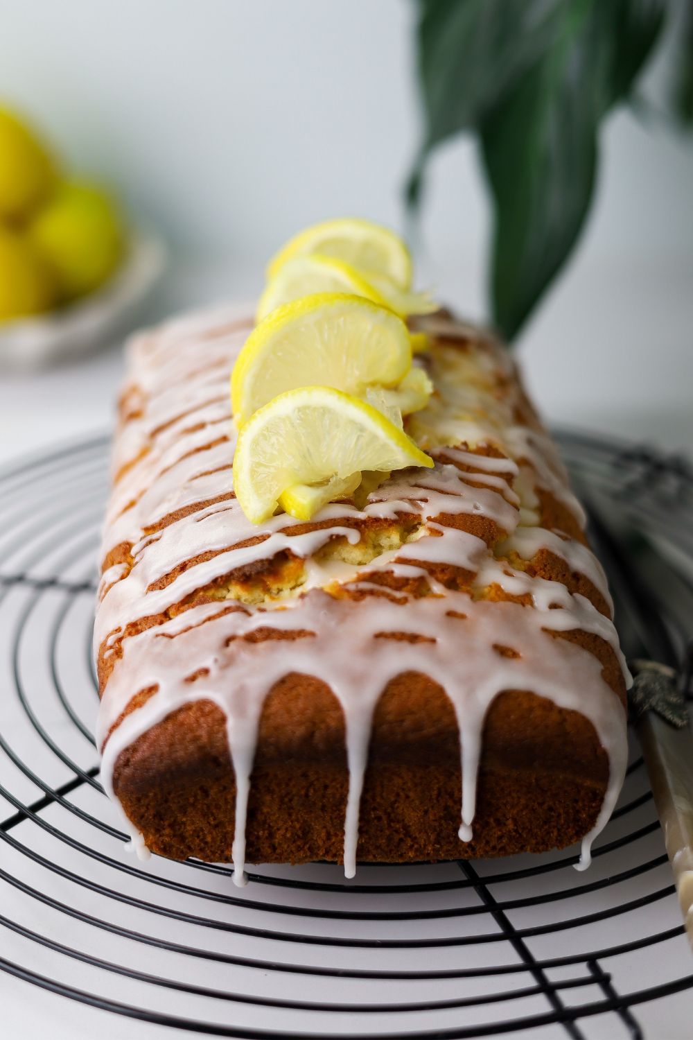 Lemon Loaf on a wire rack with lemons on the top left