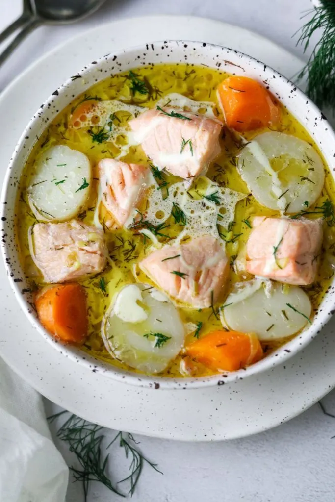 Finnish Salmon Soup in a white bowl