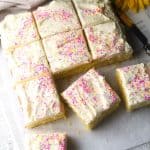 Vanilla Sponge Cake cut into squares on white paper